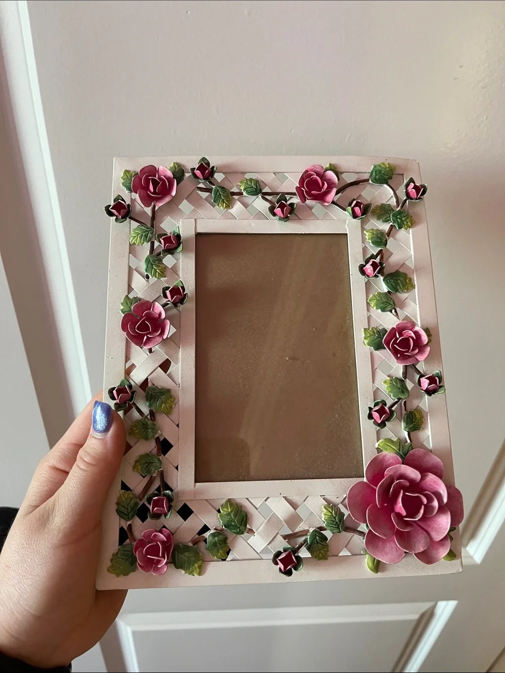 Vintage Floral Rose Picture Frame White Lattice Cottagecore